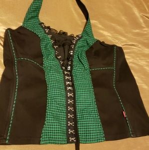 Green & Black Checker Print Halter Corset